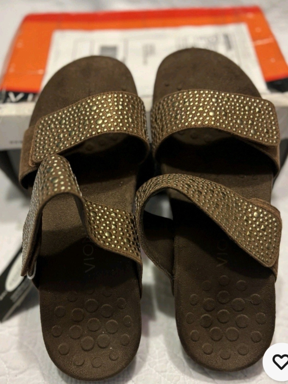Vionic Brown Slide Sandals with Gold Stud Accents